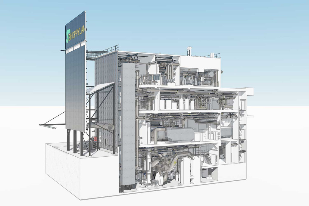 Schönbühl (BE), centrale énergétique Shoppyland, coupe longitudinale à partir d'un modèle 3D, HMQ AG
