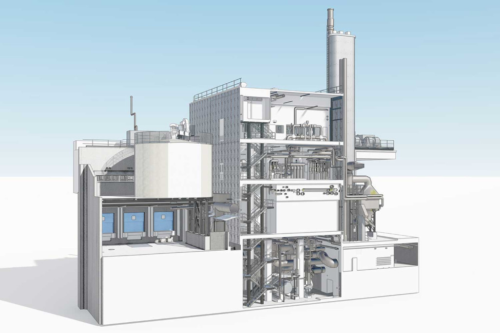 Schönbühl (BE), centrale énergétique Shoppyland, coupe transversale tirée d'un modèle 3D, HMQ AG