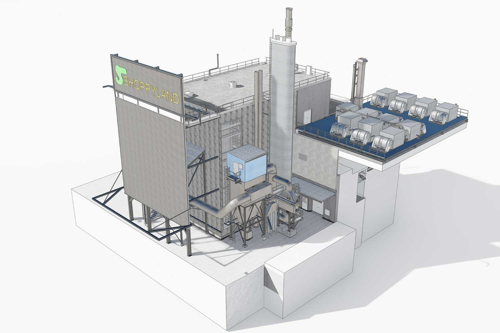 Schönbühl (BE), centrale énergétique Shoppyland, modélisation 3D, HMQ AG