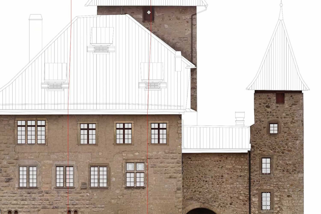 Vue de façade avec orthophoto du château de Kyburg, HMQ AG