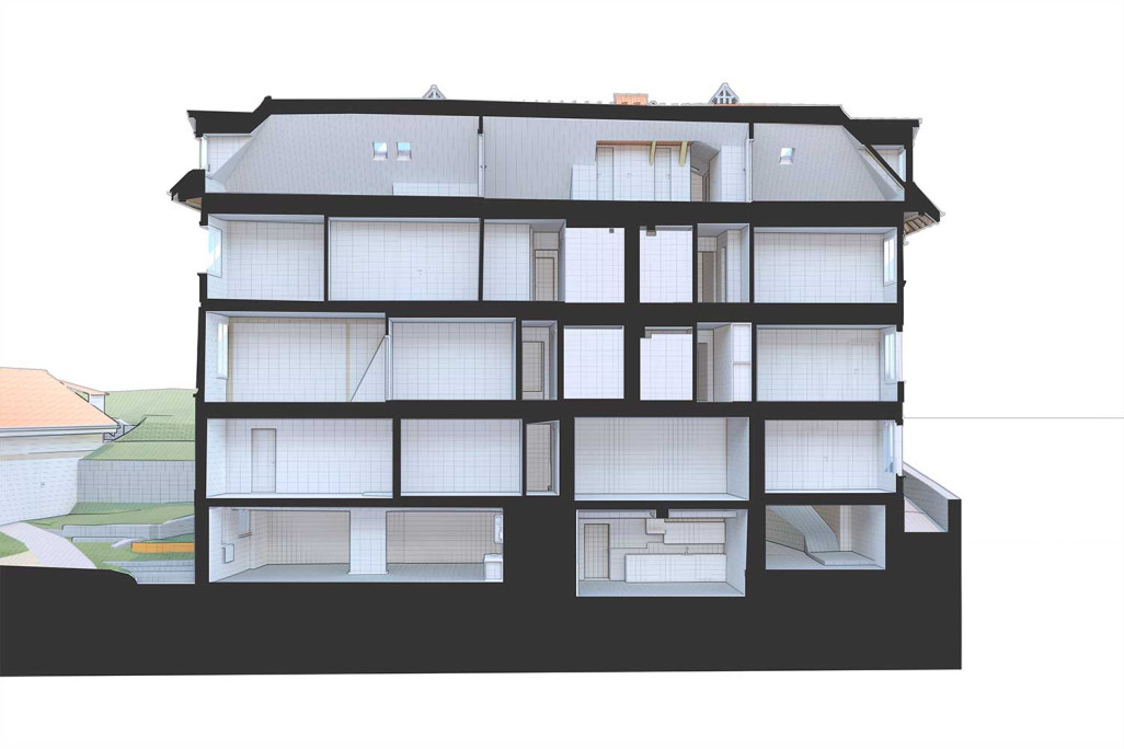 Coupe 3D issue du relevé du bâtiment, HMQ AG